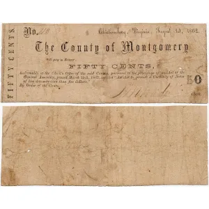 1862 50c County of Montgomery Christiansburg, VA CM 12-13 - Very Good