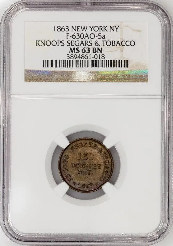 1863 Knoop's Segars & Tobacco Civil War Store Card Token (NY-630AO-5a) ~ NGC MS 63 BN