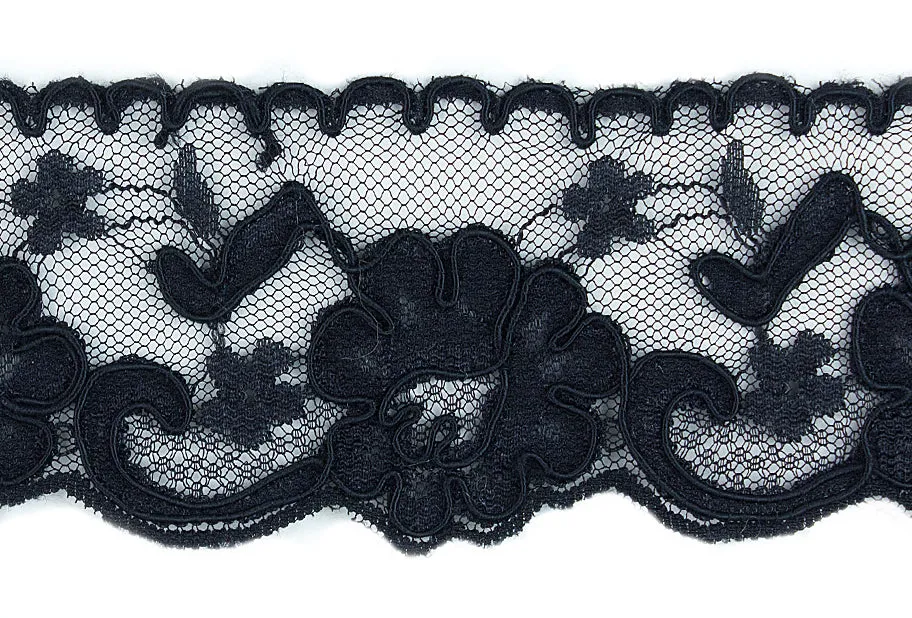 2 1/4" Black Floral Alençon Lace Trim