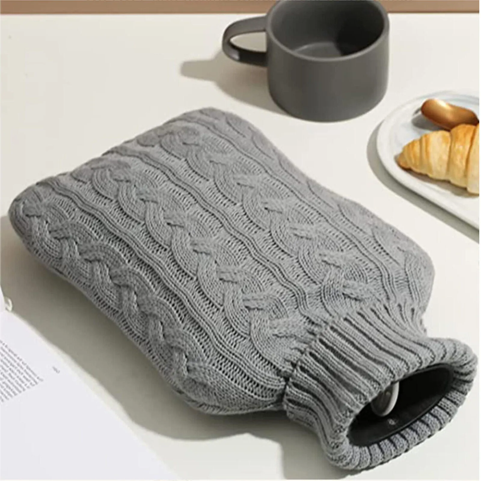 2L Hot Water Bottle with Knitted Cover Bag Soft Fluffy Rubber Winter Warmer UK