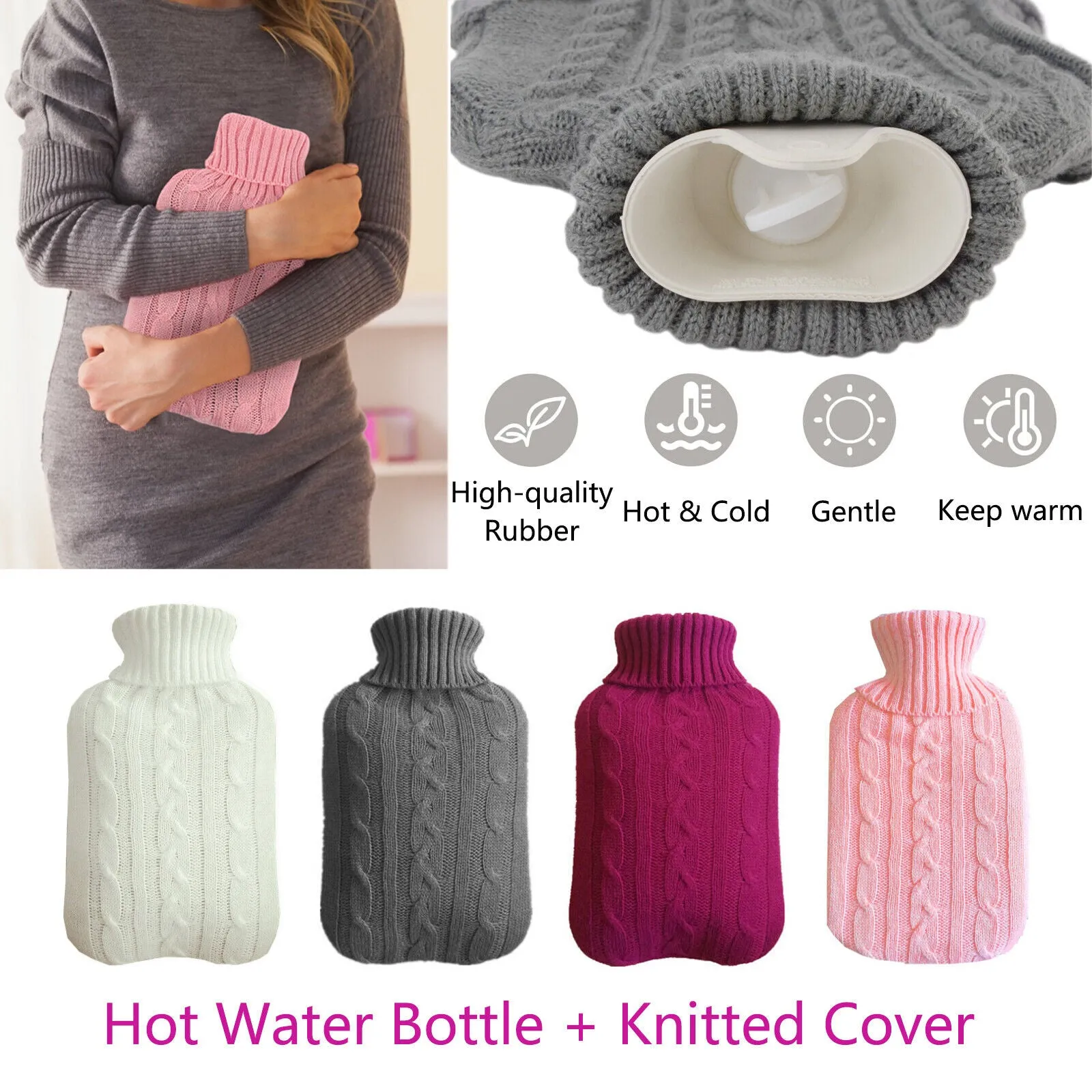 2L Hot Water Bottle with Knitted Cover Bag Soft Fluffy Rubber Winter Warmer UK