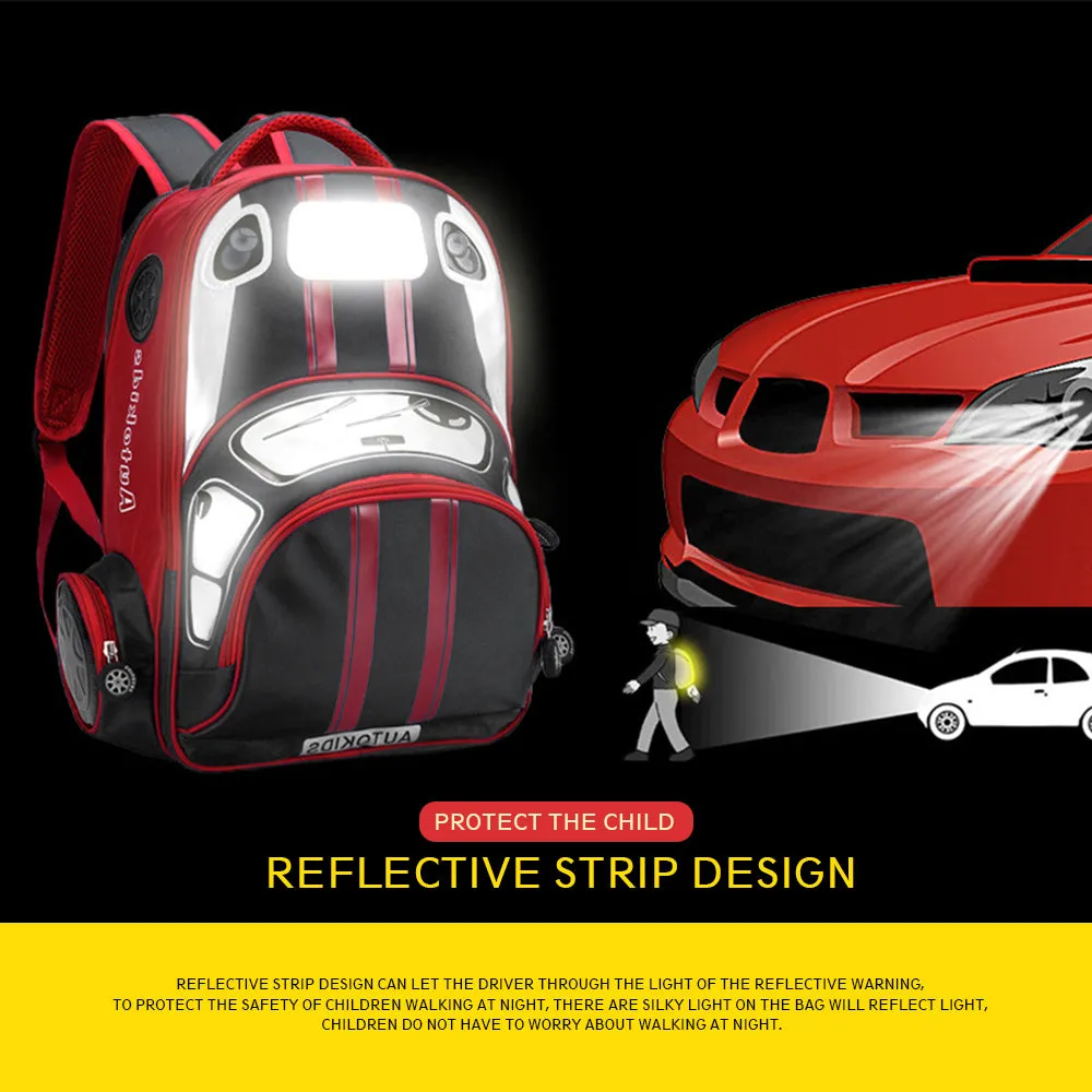 3D Car Waterproof Backpack Children Comic School Bag Book Bags