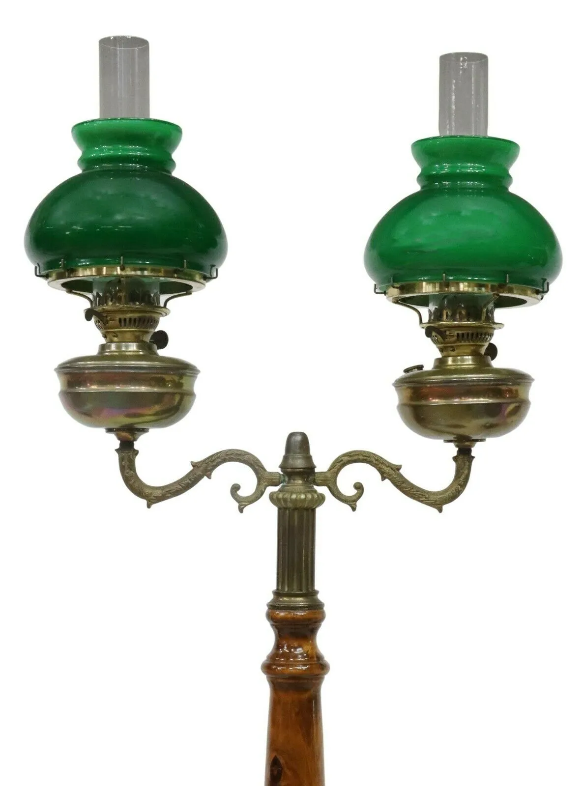 Antique Lamp, English Double Kerosene, Oil Floor Lamp, Green Shades early 1900s