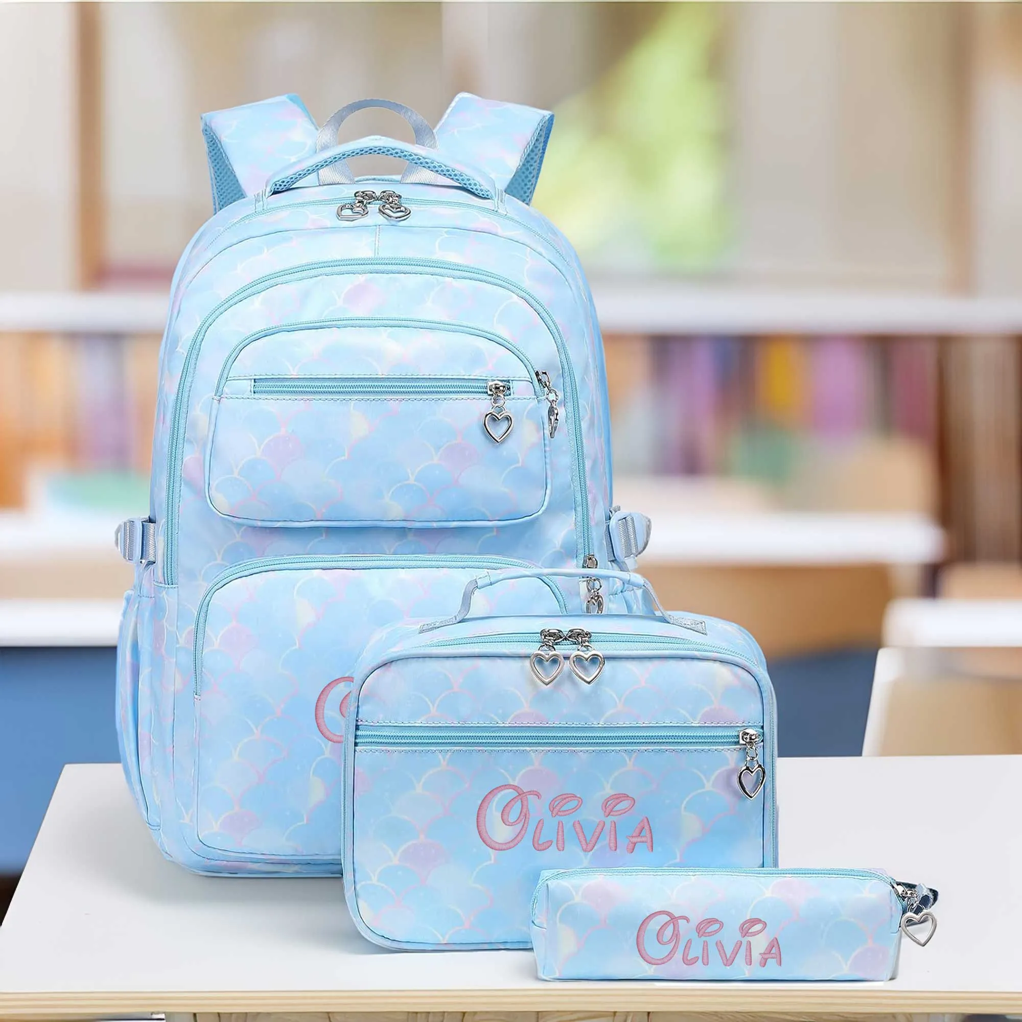 Backpack, Lunchbox & Pencil Bag Set, Blue Mermaid Scales