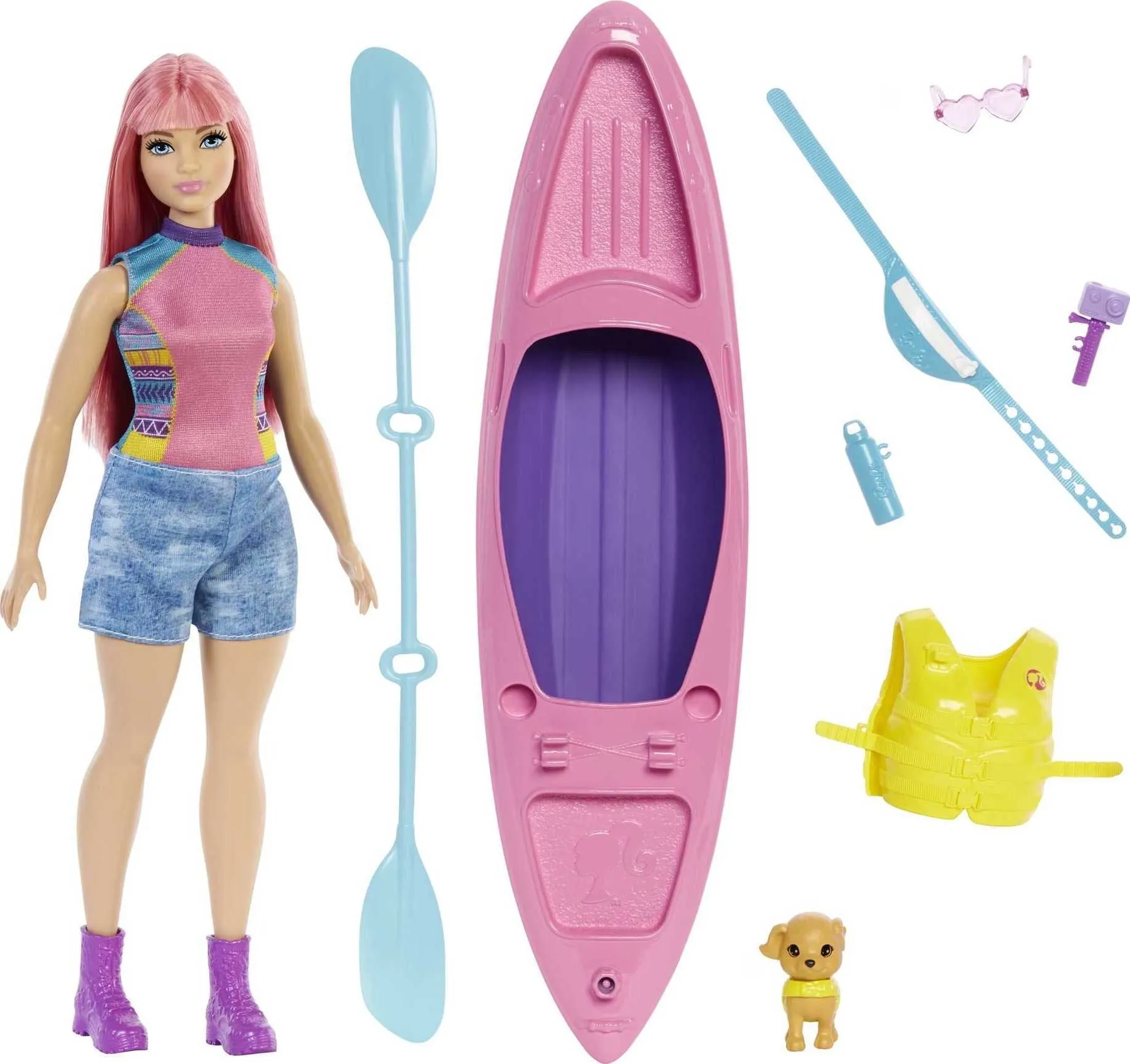 Barbie It Takes Two Daisy Doll & Kayak Set, Curvy Doll with Pink Hair, Puppy & Themed Accessories