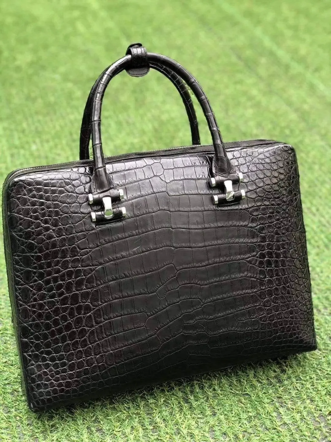 Black Genuine Crocodile  Leather Briefcase With Side Password Knock