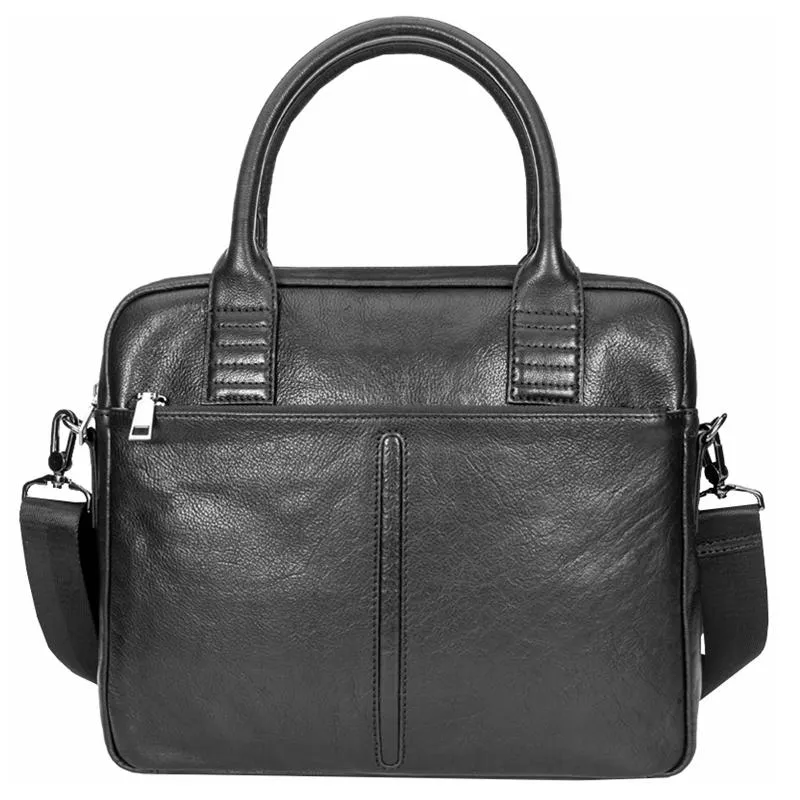 Black Leather Mens 12 inches Briefcase Work Bag Black Laptop Handbag Business Briefcase Shoulder Handbag for Men