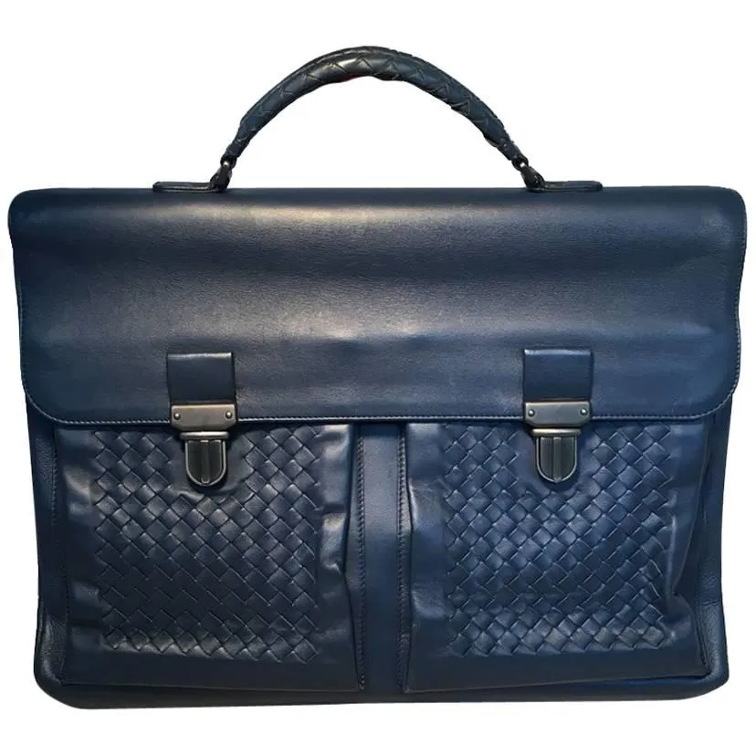 BOTTEGA VENETA Navy Blue Leather Briefcase