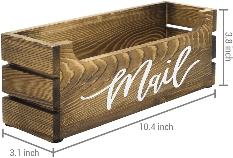 Burnt Wood Crate Style Tabletop Letter Sorter with White Cursive "Mail" Lettering