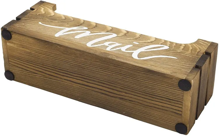 Burnt Wood Crate Style Tabletop Letter Sorter with White Cursive "Mail" Lettering