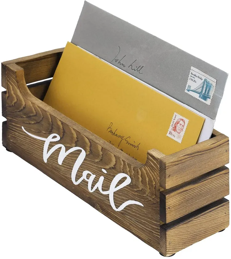 Burnt Wood Crate Style Tabletop Letter Sorter with White Cursive "Mail" Lettering