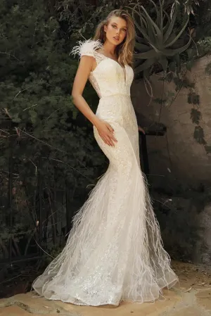 CD 57W Size 8 Off White Feather Embellished glitter mermaid Wedding Dress Bridal Gown V Neck Sheer