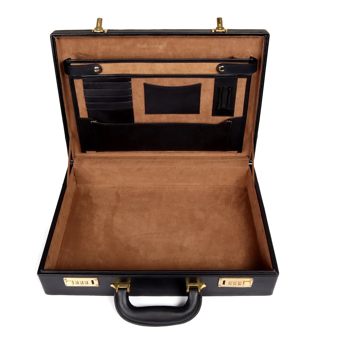 Customized Laser Initial Diamond Stitched Black Leather office briefcase in hard case with number lock system by Brune & Bareskin