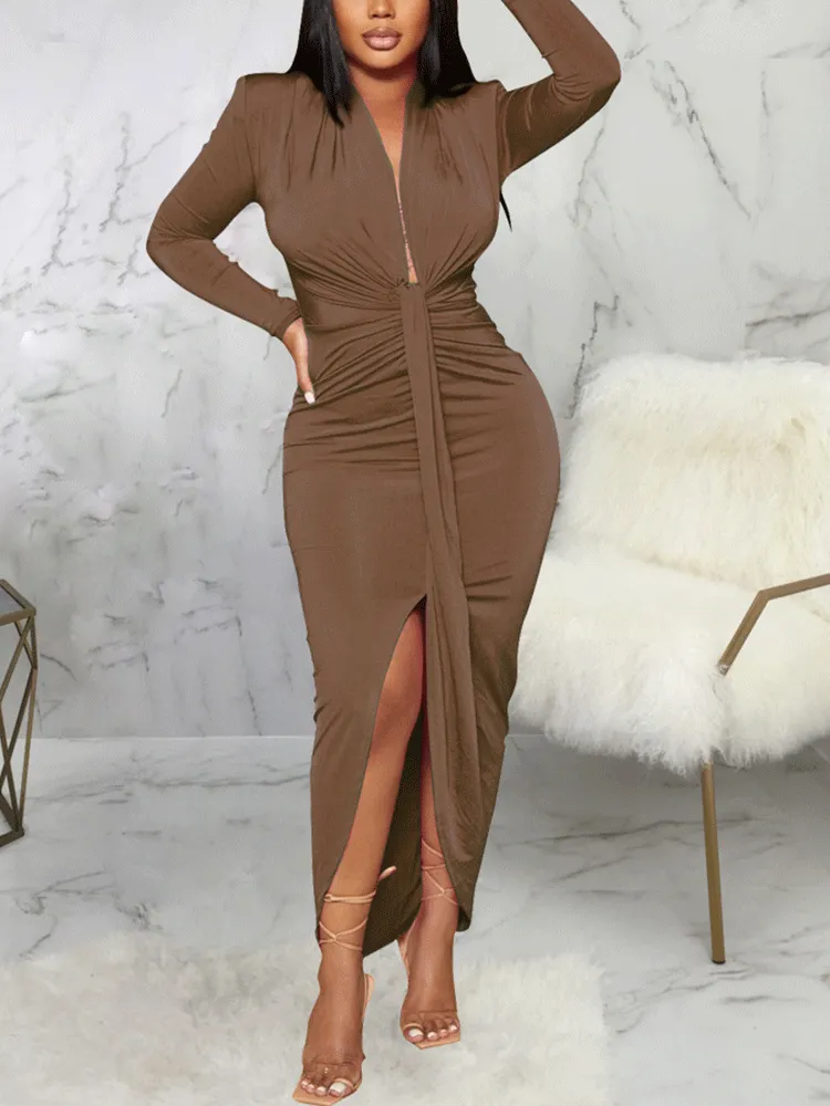 Deep V-neck Graceful Ruched Mini Dress