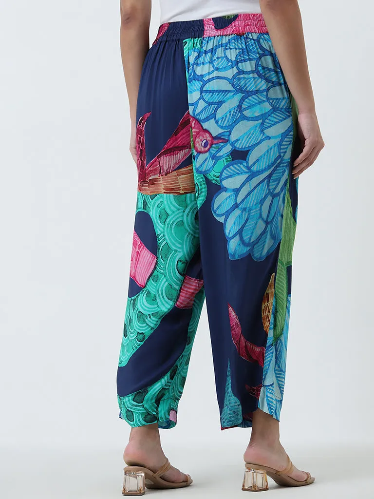 Diza Blue Leaf Printed High-Rise Palazzos