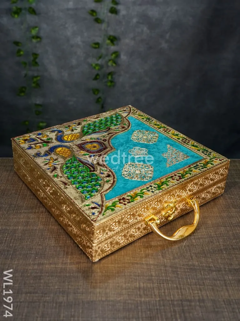 Dry Fruit Box - Meenakari Peacock Velvet Blue Briefcase 11x11 - WL1974