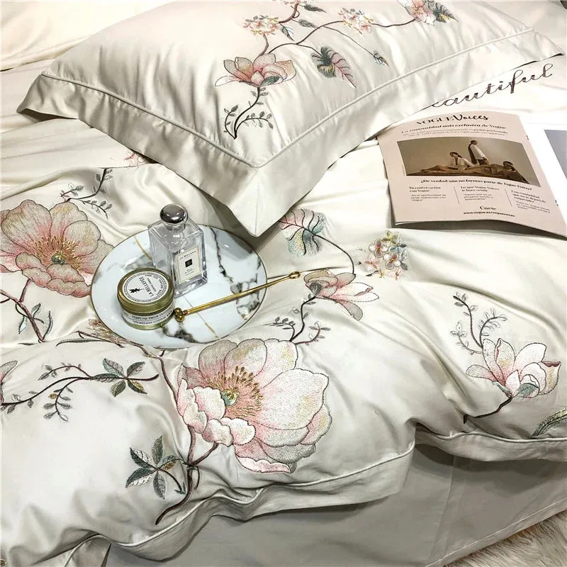 Flytonn-1000TC Egyptian Cotton Bedding Set, Luxury, Grey White, Bloom Flowers, Embroidery, Soft Duvet Cover Set, Bed Sheet, Pillowcases