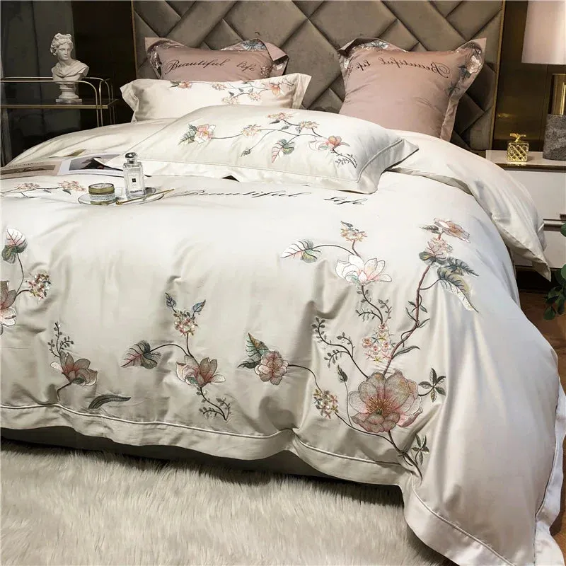 Flytonn-1000TC Egyptian Cotton Bedding Set, Luxury, Grey White, Bloom Flowers, Embroidery, Soft Duvet Cover Set, Bed Sheet, Pillowcases