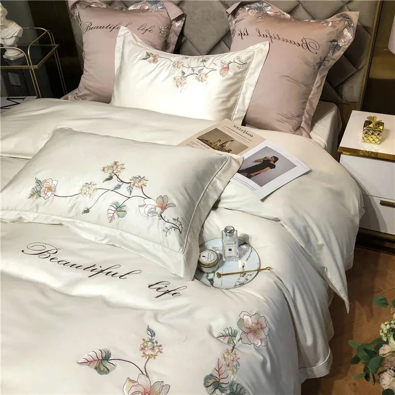 Flytonn-1000TC Egyptian Cotton Bedding Set, Luxury, Grey White, Bloom Flowers, Embroidery, Soft Duvet Cover Set, Bed Sheet, Pillowcases