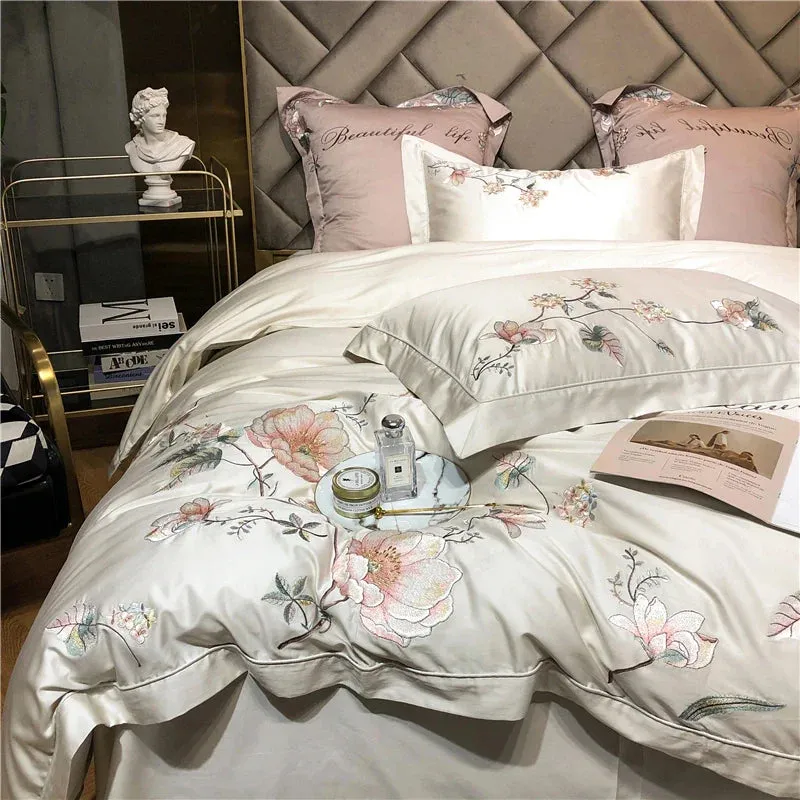 Flytonn-1000TC Egyptian Cotton Bedding Set, Luxury, Grey White, Bloom Flowers, Embroidery, Soft Duvet Cover Set, Bed Sheet, Pillowcases