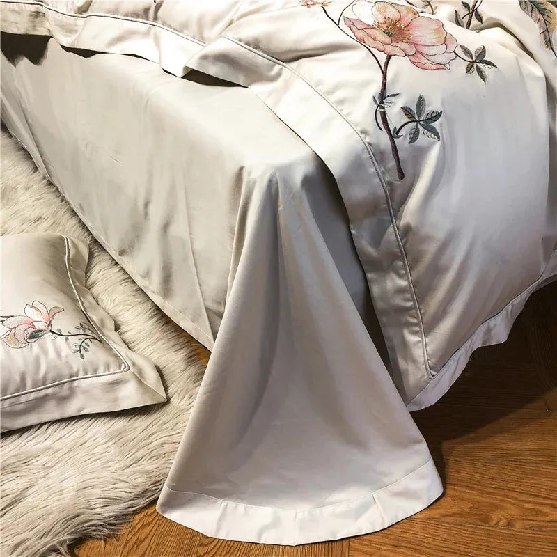 Flytonn-1000TC Egyptian Cotton Bedding Set, Luxury, Grey White, Bloom Flowers, Embroidery, Soft Duvet Cover Set, Bed Sheet, Pillowcases