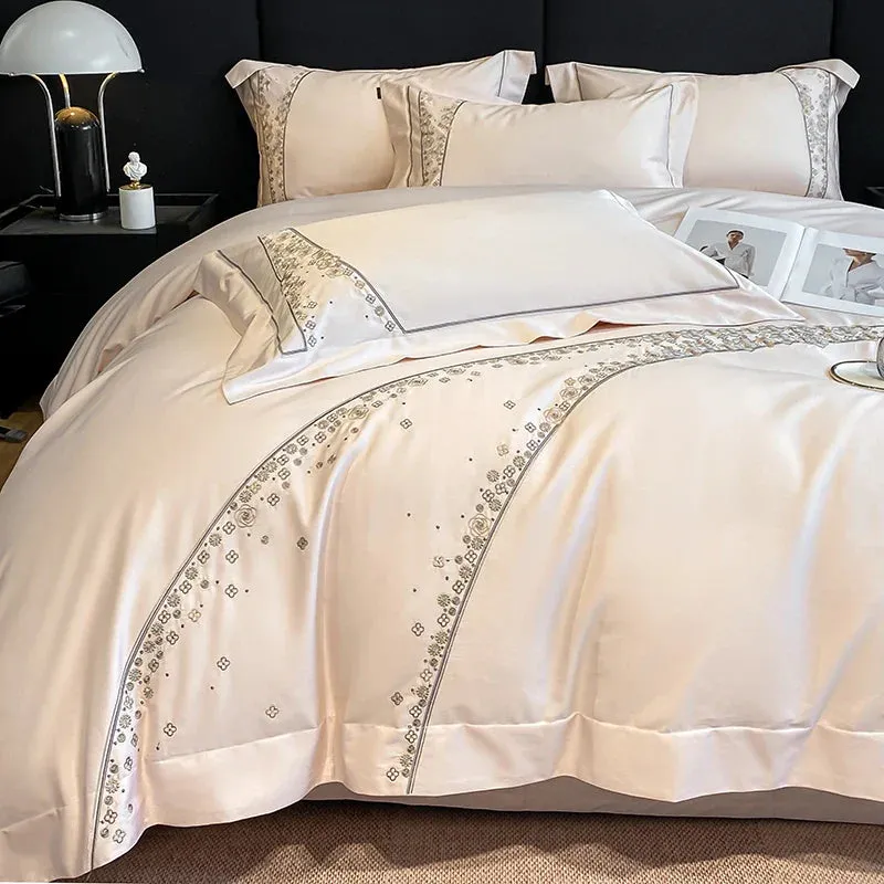 Flytonn-Egyptian Cotton Embroidery Bedding Set, Soft Duvet Cover, Flat and Fitted Bed Sheet, Pillowcases, Luxury, Queen King Size, 100S