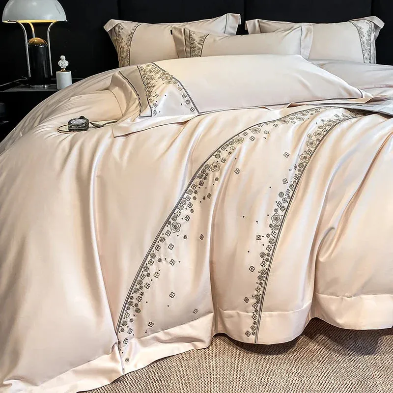 Flytonn-Egyptian Cotton Embroidery Bedding Set, Soft Duvet Cover, Flat and Fitted Bed Sheet, Pillowcases, Luxury, Queen King Size, 100S