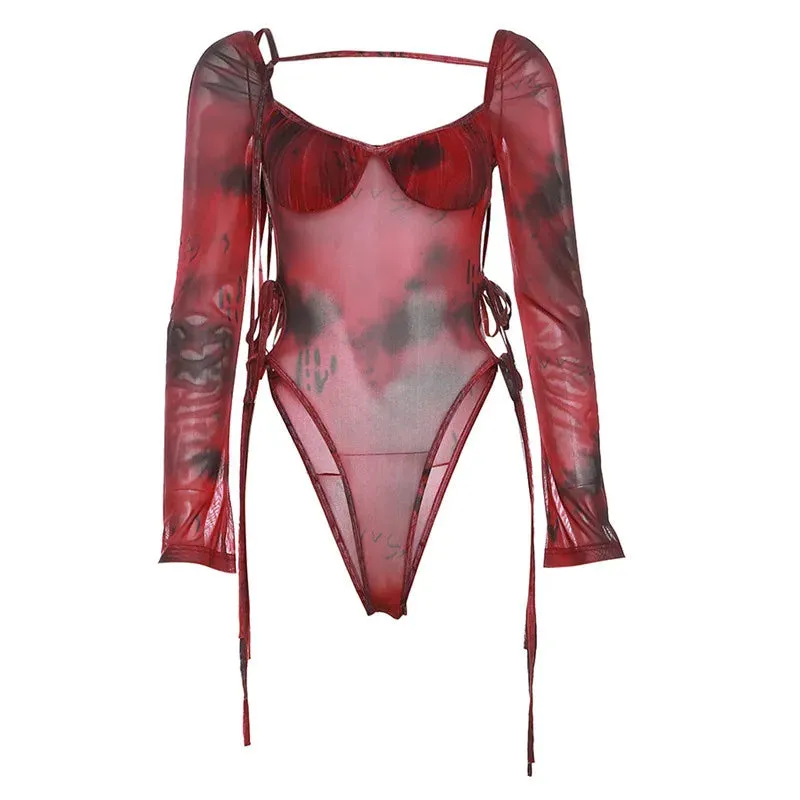 Flytonn-Halloween Outfits Halloween Gifts Gothic Style 2024 Spring New Red Spot Print Distinctive All-Match High Street Tight Sexy Hot Cool Women'S Thin Long-Sleeved Jumpsuit