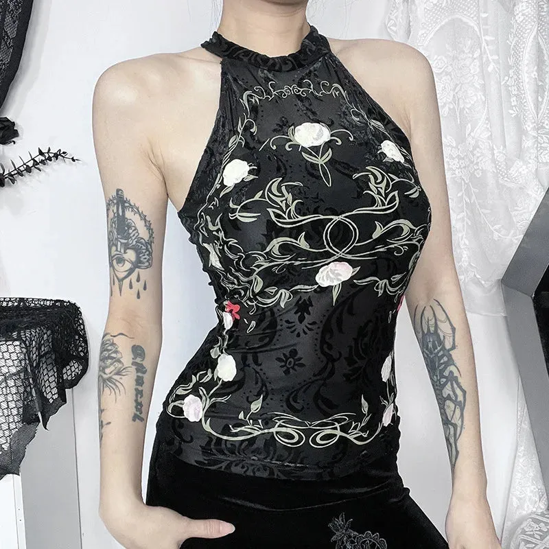 Flytonn-Halloween Outfits Halloween Gifts Gothic Style Black Neo-Chinese Style Halter Tank Tops Sexy Vintage Plant Print Flocking Backless Crop Tops Women Summer Camis Tops