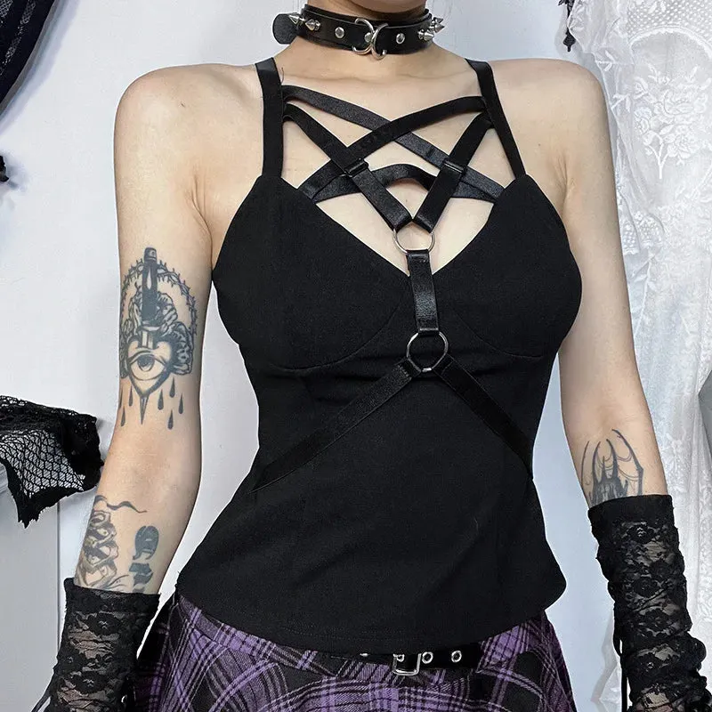 Flytonn-Halloween Outfits Halloween Gifts Gothic Style Street Spring 2024 New Spicy Girl Tank Top with Dark Style and Elegant Pentagram Basic Strap Top for Women