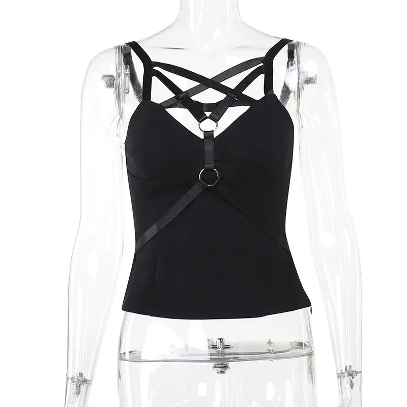 Flytonn-Halloween Outfits Halloween Gifts Gothic Style Street Spring 2024 New Spicy Girl Tank Top with Dark Style and Elegant Pentagram Basic Strap Top for Women