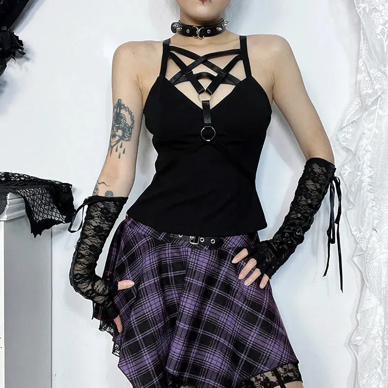 Flytonn-Halloween Outfits Halloween Gifts Gothic Style Street Spring 2024 New Spicy Girl Tank Top with Dark Style and Elegant Pentagram Basic Strap Top for Women