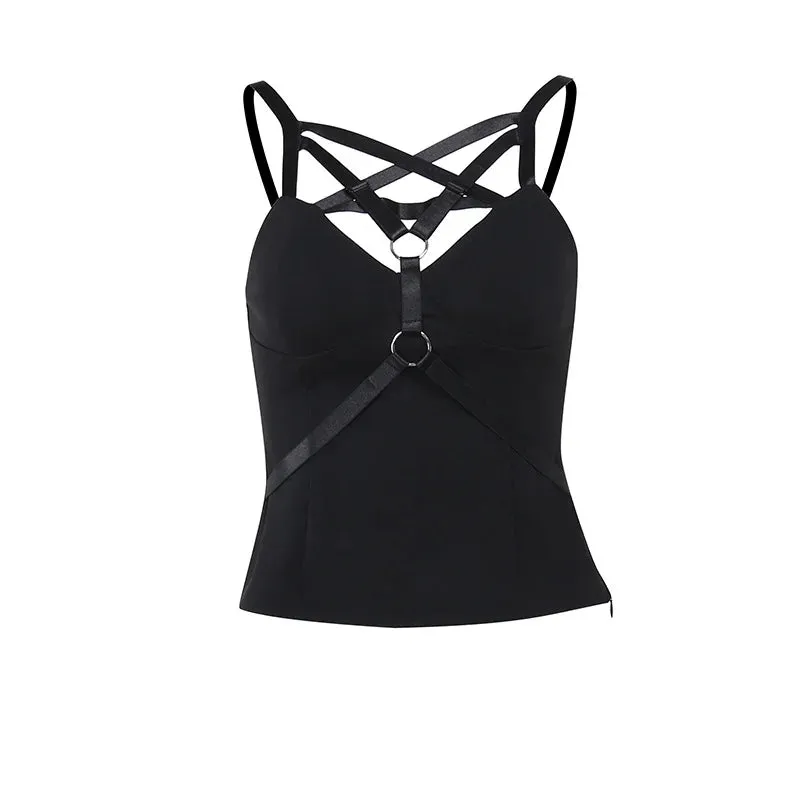 Flytonn-Halloween Outfits Halloween Gifts Gothic Style Street Spring 2024 New Spicy Girl Tank Top with Dark Style and Elegant Pentagram Basic Strap Top for Women