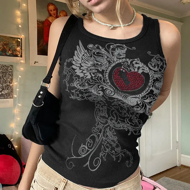 Flytonn-Vintage Heart Rhinestone Wing Tank Top Gothic Graphic Print Sleeveless T-shirt Women Ribbing Aesthetic Crop Tops Y2K Streetwear