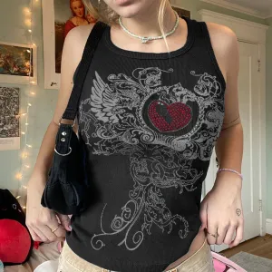 Flytonn-Vintage Heart Rhinestone Wing Tank Top Gothic Graphic Print Sleeveless T-shirt Women Ribbing Aesthetic Crop Tops Y2K Streetwear