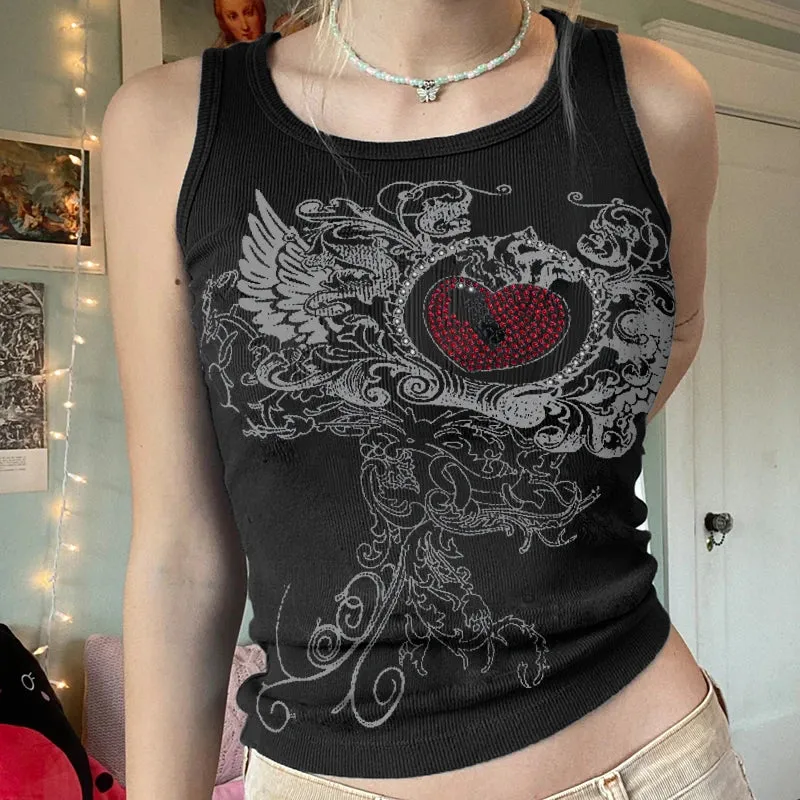 Flytonn-Vintage Heart Rhinestone Wing Tank Top Gothic Graphic Print Sleeveless T-shirt Women Ribbing Aesthetic Crop Tops Y2K Streetwear