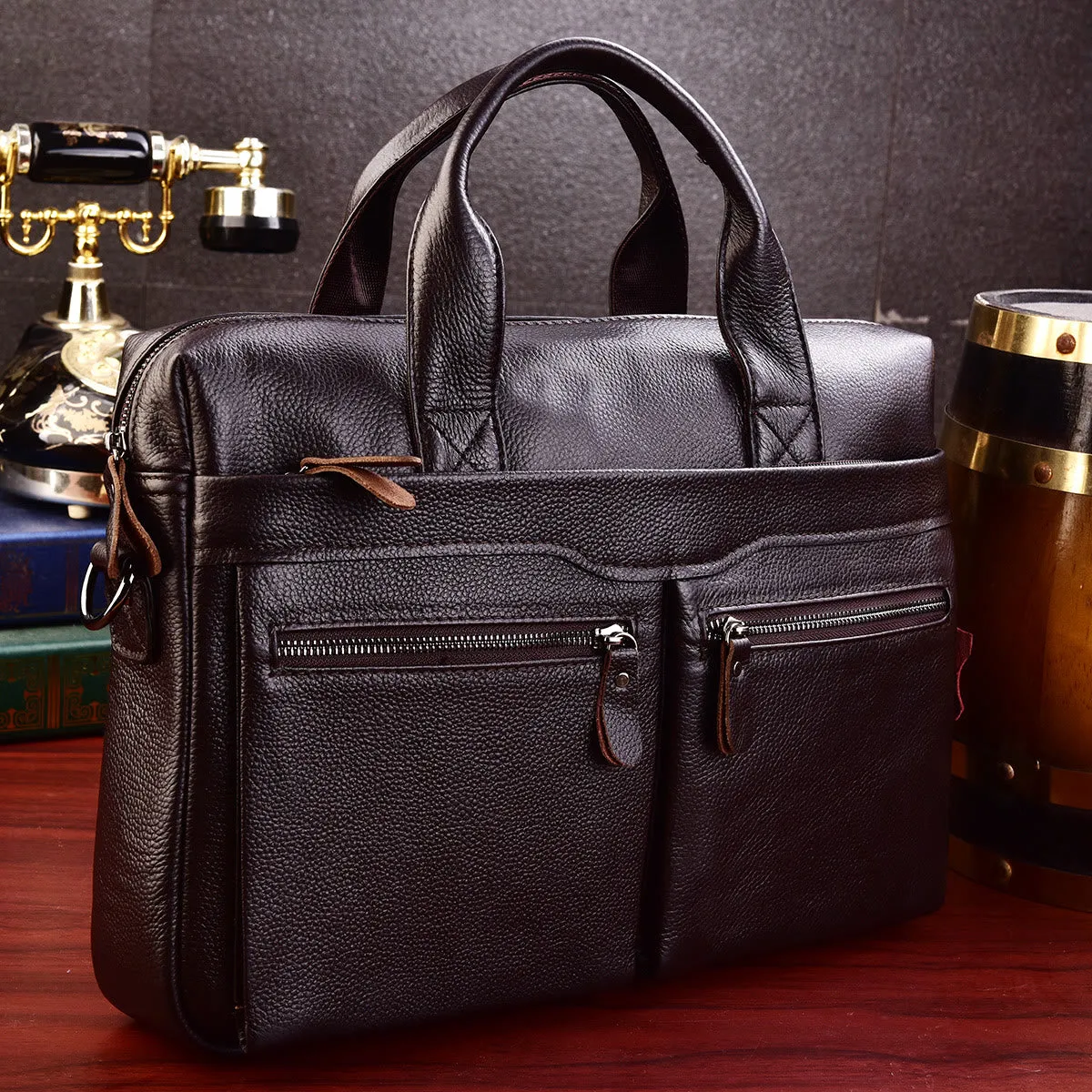 Genuine Leather Men's Briefcase Business Fit Laptop Vintage Bag