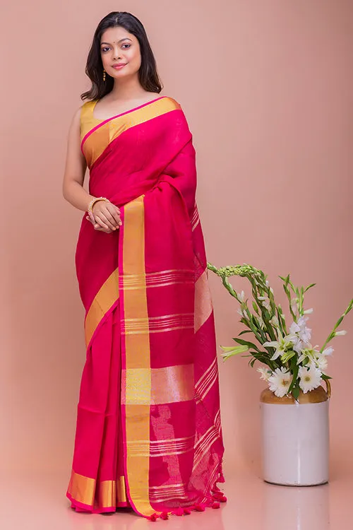 Graceful Elegance. Soft Bengal Handwoven Linen Sari - Deep Pink & Gold