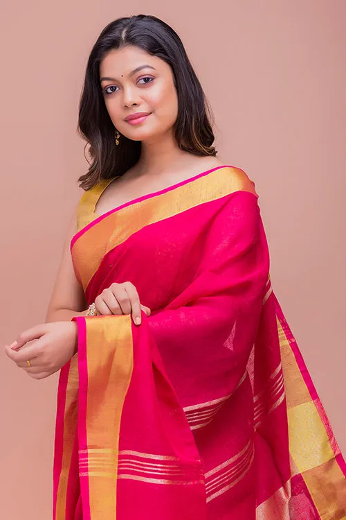 Graceful Elegance. Soft Bengal Handwoven Linen Sari - Deep Pink & Gold