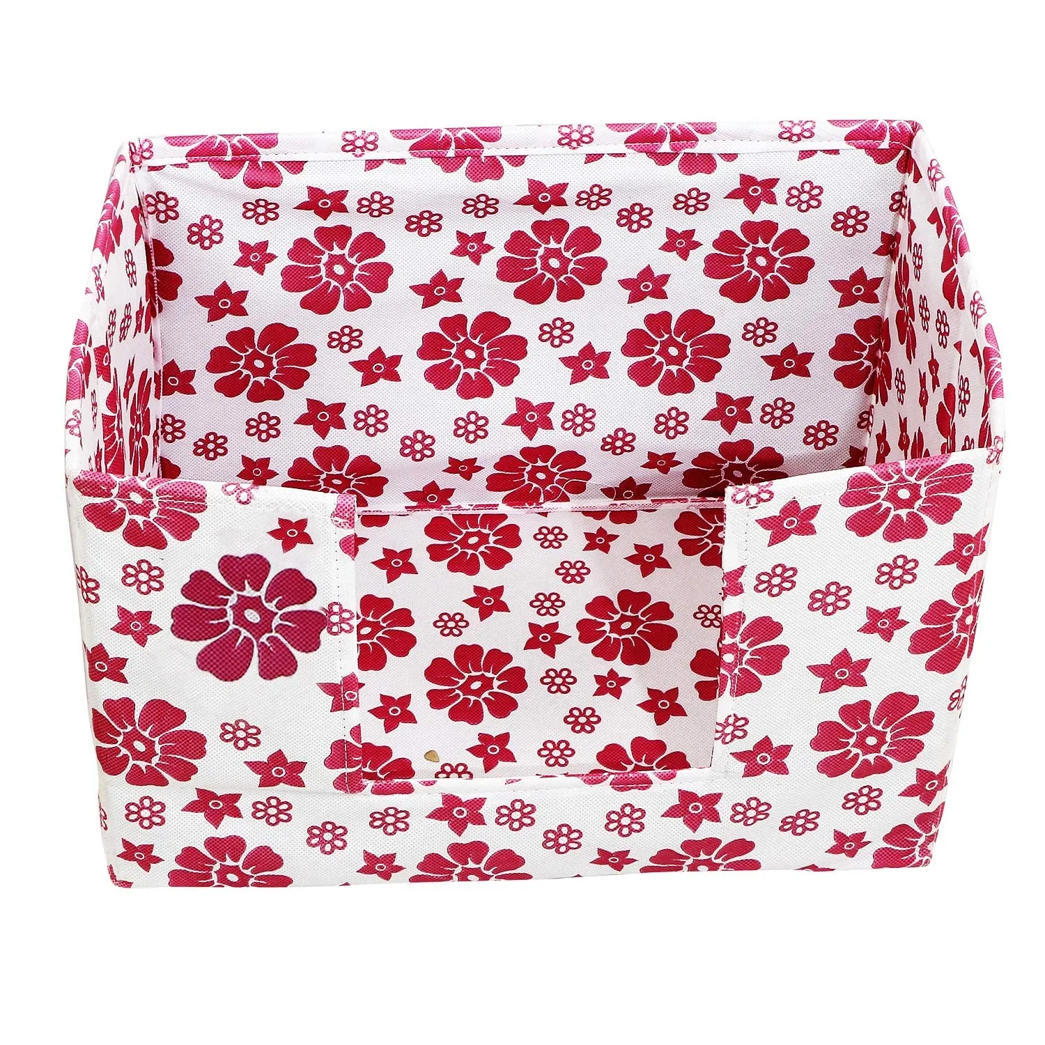 Heart Home Flower Printed Multiuses Non-Woven Closet Organizer, Storage Bin, Shelf Storage Oragnizer With Handle- Pack of 3 (Pink)-HS43HEARTH26363