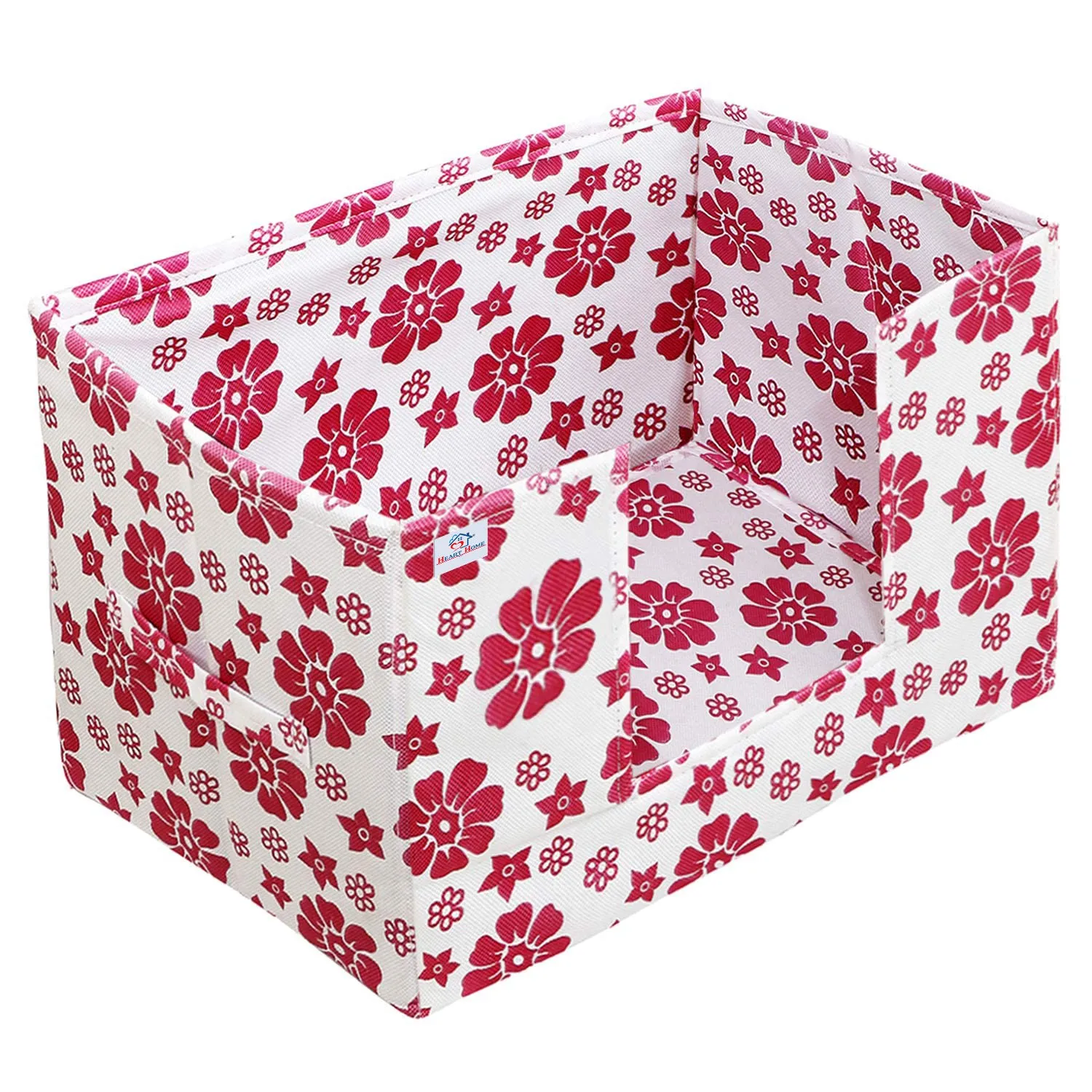 Heart Home Flower Printed Multiuses Non-Woven Closet Organizer, Storage Bin, Shelf Storage Oragnizer With Handle- Pack of 3 (Pink)-HS43HEARTH26363