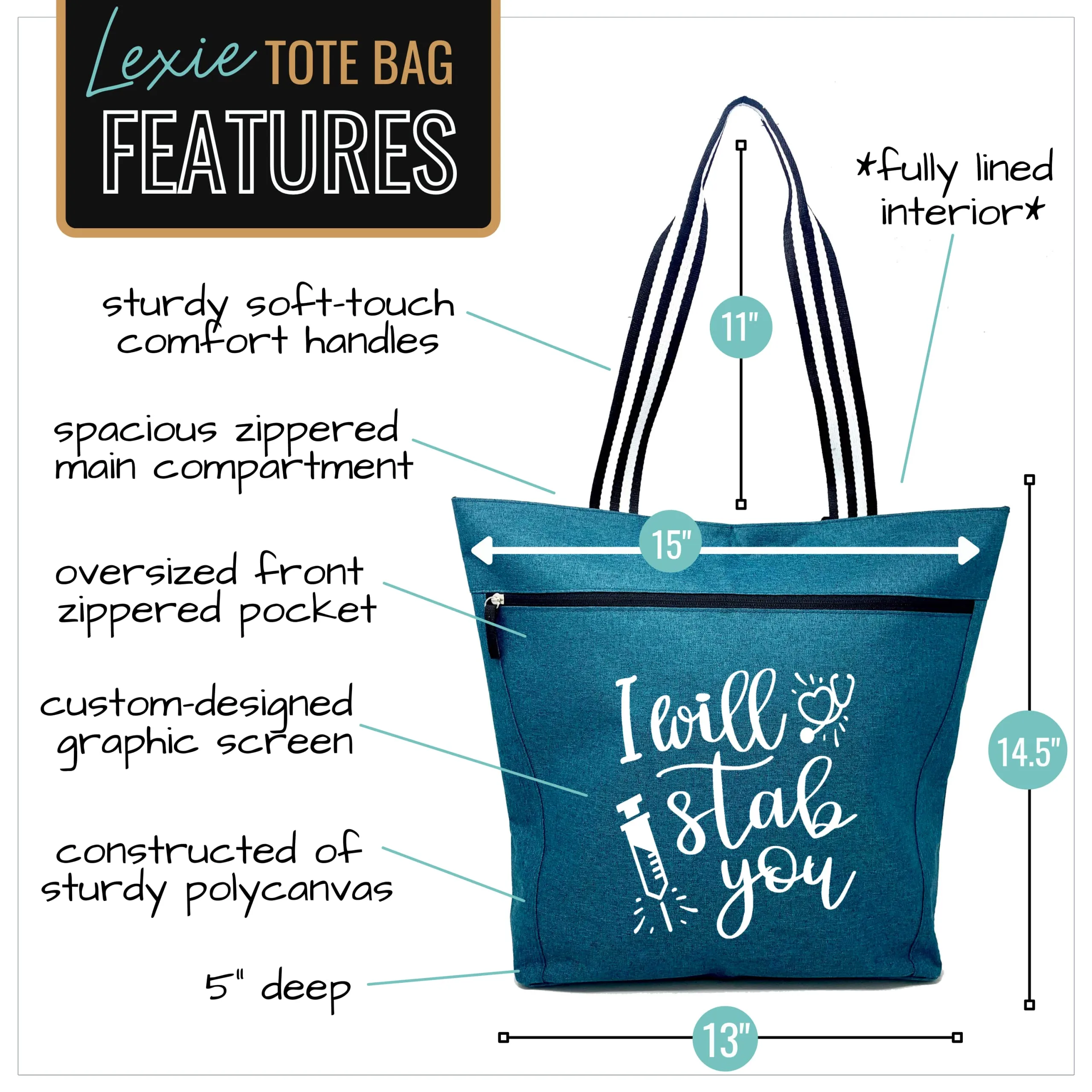 I Will Stab You Teal Lexie Tote Bag for Medical Workers - Outlet Deal Utah