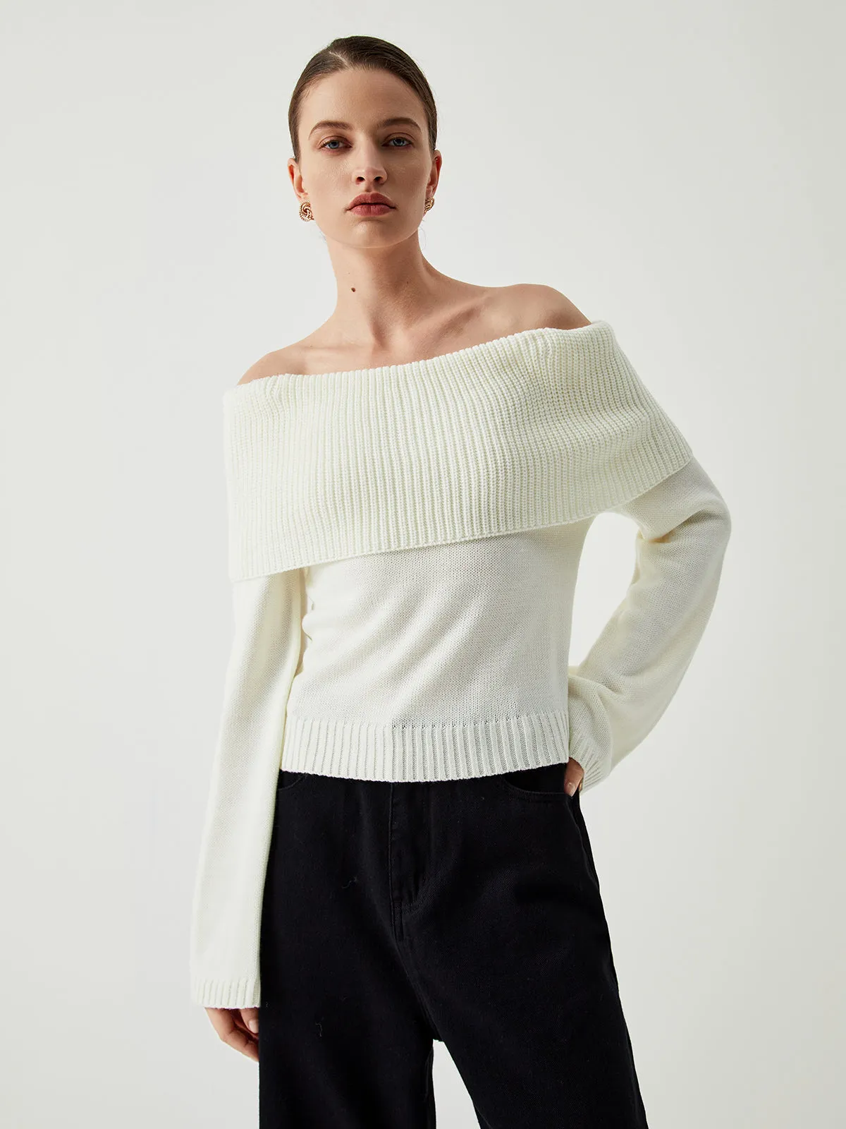 Knit Ribbed Graceful Overfold Off-Shoulder Sweater