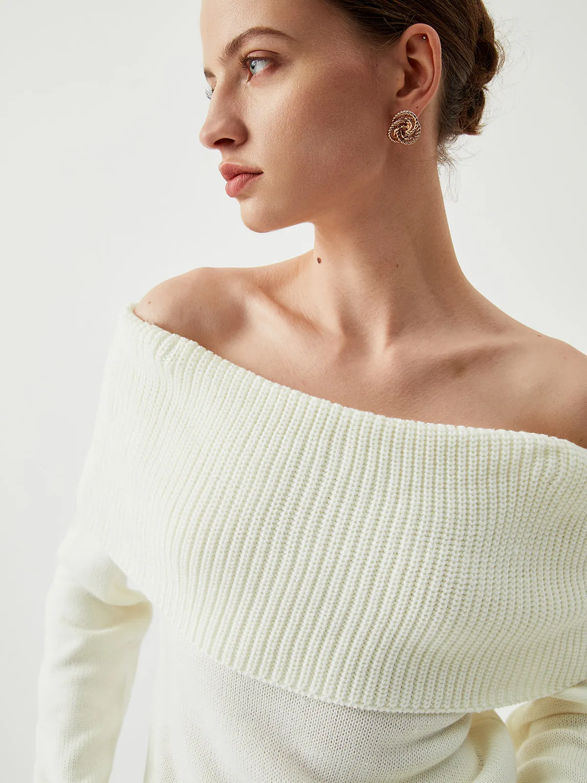 Knit Ribbed Graceful Overfold Off-Shoulder Sweater