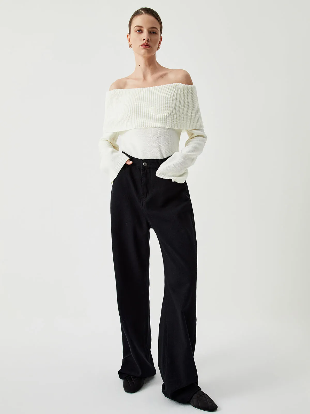 Knit Ribbed Graceful Overfold Off-Shoulder Sweater