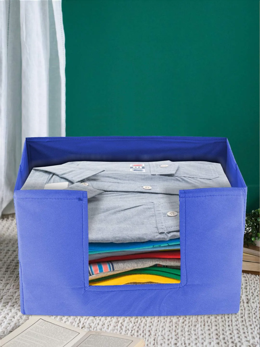 Kuber Industries Non-Woven 3 Pieces Shirt Stacker Closet Organizer - Shirts and Clothing Organizer with Handle (Royal Blue)