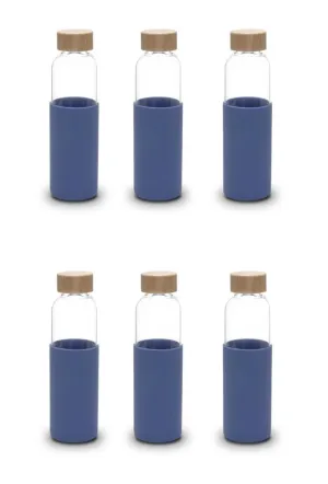 Kuber Industries Water Bottle | Glass Bottle | Sleeve Protection Bottle | Bamboo Lid Water Bottle | Travel Round Bottle | 550 ML | Set of 6 | Blue