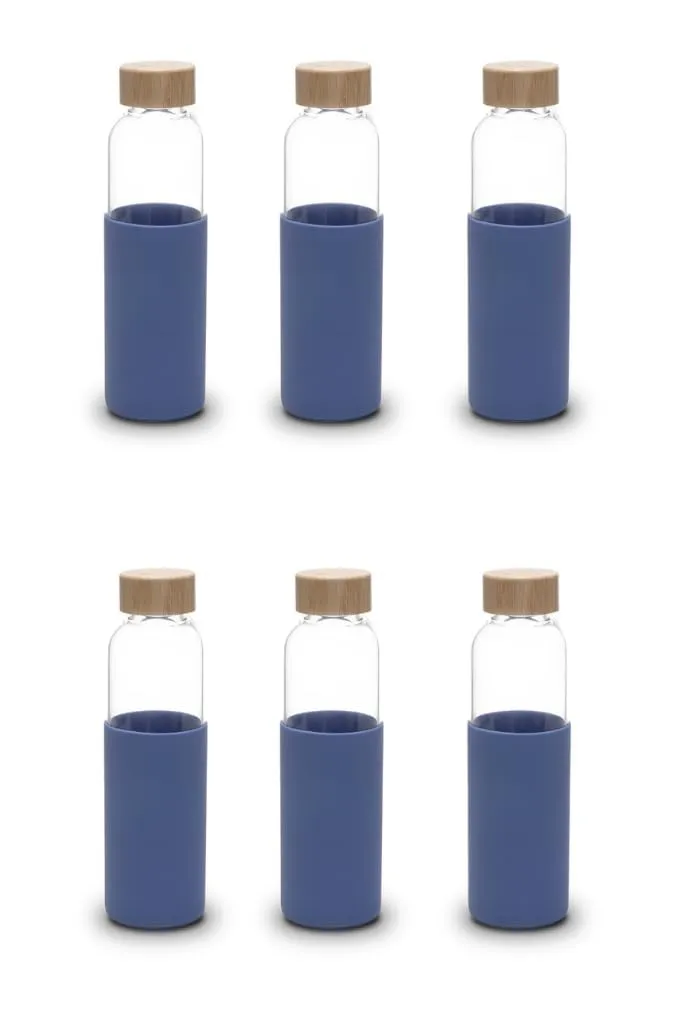 Kuber Industries Water Bottle | Glass Bottle | Sleeve Protection Bottle | Bamboo Lid Water Bottle | Travel Round Bottle | 550 ML | Set of 6 | Blue