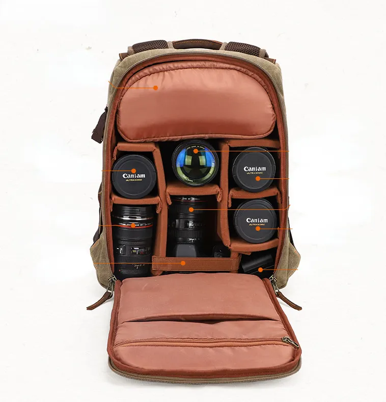 Large Storage SLR Camera Leather Canvas Backpack K001