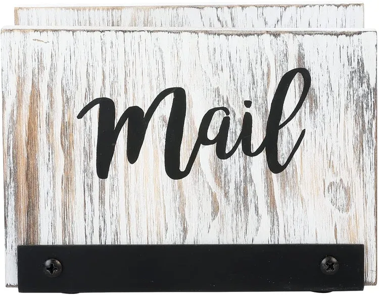 Mail Holder Letter Sorter, Desk Organizer in Whitewashed Wood and Matte Black Metal with MAIL Cursive Print